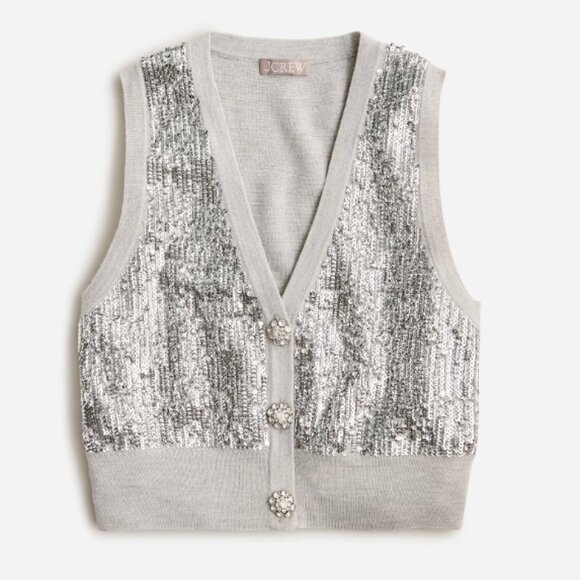 J. Crew Merino Wool V-Neck Sweater-Vest Silver Sequin Gray Embellished Sz Medium - Picture 2 of 14